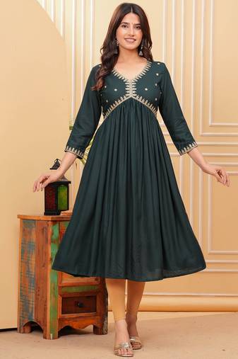 Women's rayon solid designer ethnic embroidered anarkali/flared gown kurti for wedding wear & party wear