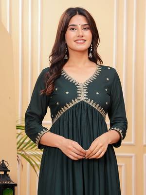 Women's rayon solid designer ethnic embroidered anarkali/flared gown kurti for wedding wear & party wear 2
