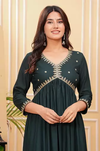 Women's rayon solid designer ethnic embroidered anarkali/flared gown kurti for wedding wear & party wear