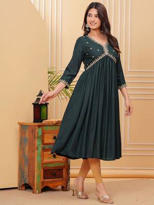 Women's rayon solid designer ethnic embroidered anarkali/flared gown kurti for wedding wear & party wear 3