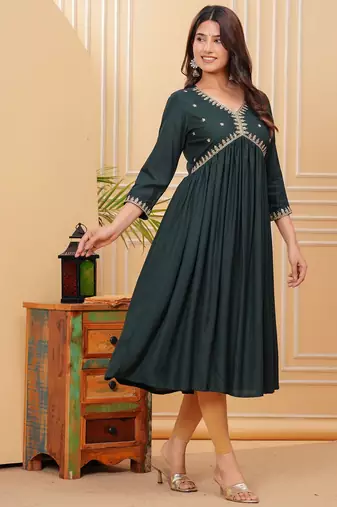 Women's rayon solid designer ethnic embroidered anarkali/flared gown kurti for wedding wear & party wear