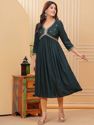 Women's rayon solid designer ethnic embroidered anarkali/flared gown kurti for wedding wear & party wear 4