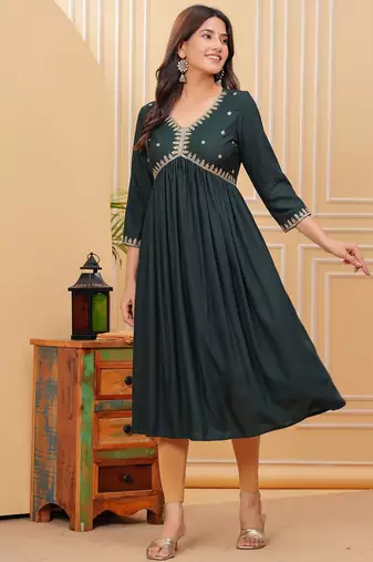 Women's rayon solid designer ethnic embroidered anarkali/flared gown kurti for wedding wear & party wear