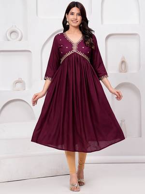 Women's rayon solid designer ethnic embroidered anarkali/flared gown kurti for wedding wear & party wear 1