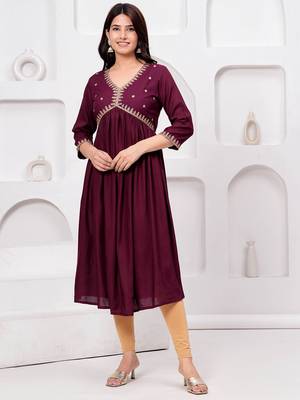 Women's rayon solid designer ethnic embroidered anarkali/flared gown kurti for wedding wear & party wear 3