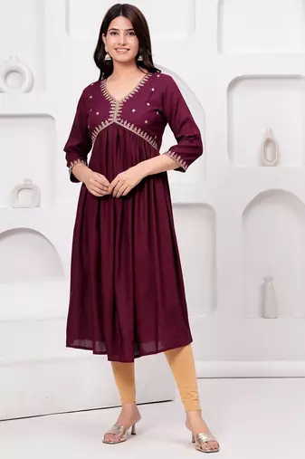 Women's rayon solid designer ethnic embroidered anarkali/flared gown kurti for wedding wear & party wear