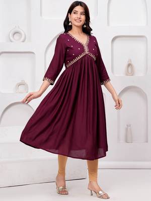 Women's rayon solid designer ethnic embroidered anarkali/flared gown kurti for wedding wear & party wear 4