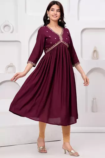 Women's rayon solid designer ethnic embroidered anarkali/flared gown kurti for wedding wear & party wear