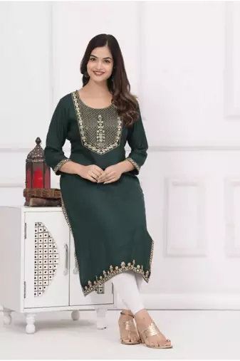 Rayon solid embroidered designer ethnic jaipuri wedding wear & festive wear kurtis for womens & girls