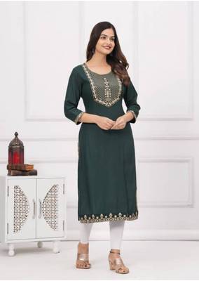 Rayon solid embroidered designer ethnic jaipuri wedding wear & festive wear kurtis for womens & girls 4