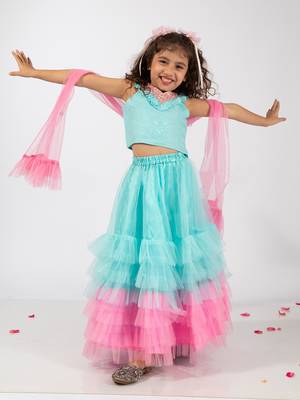 Elaisha sleeveless embroidered & ruffle detailed top with skirt & dupatta set - light blue & pink 1