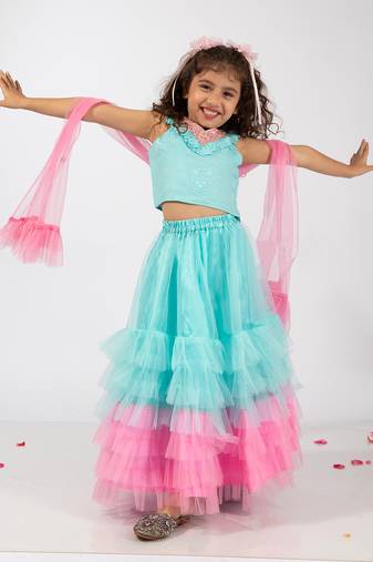 Elaisha sleeveless embroidered & ruffle detailed top with skirt & dupatta set - light blue & pink
