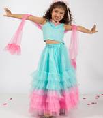 Elaisha sleeveless embroidered & ruffle detailed top with skirt & dupatta set - light blue & pink