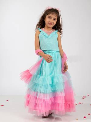 Elaisha sleeveless embroidered & ruffle detailed top with skirt & dupatta set - light blue & pink 2