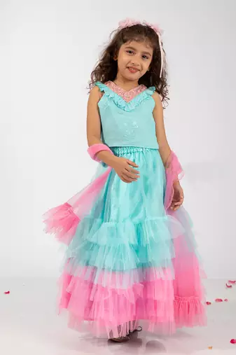 Elaisha sleeveless embroidered & ruffle detailed top with skirt & dupatta set - light blue & pink