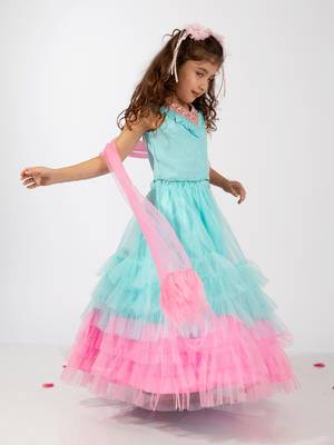 Elaisha sleeveless embroidered & ruffle detailed top with skirt & dupatta set - light blue & pink 3