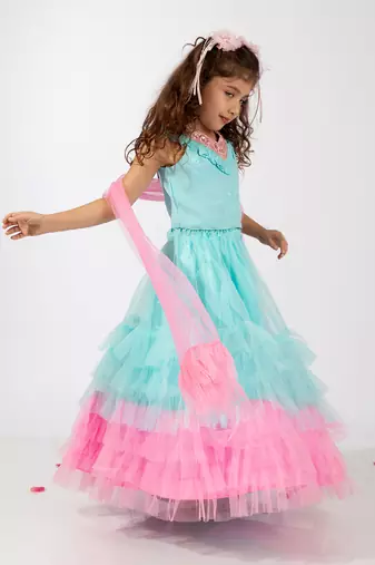 Elaisha sleeveless embroidered & ruffle detailed top with skirt & dupatta set - light blue & pink