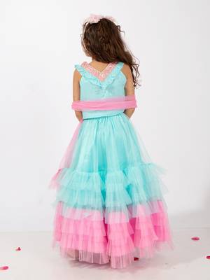 Elaisha sleeveless embroidered & ruffle detailed top with skirt & dupatta set - light blue & pink 4