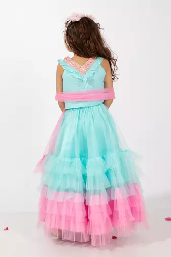 Elaisha sleeveless embroidered & ruffle detailed top with skirt & dupatta set - light blue & pink
