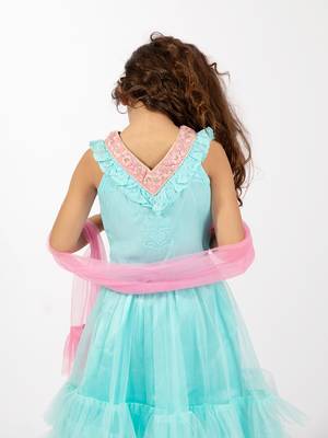 Elaisha sleeveless embroidered & ruffle detailed top with skirt & dupatta set - light blue & pink 5