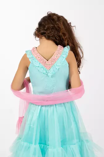 Elaisha sleeveless embroidered & ruffle detailed top with skirt & dupatta set - light blue & pink