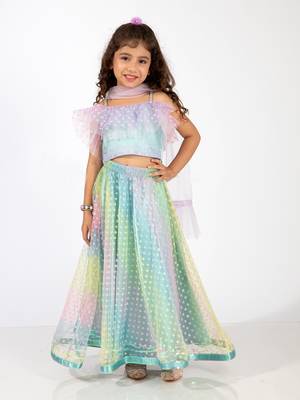 Elaisha sleeveless ruffle details & gradient printed top with skirt & dupatta set - light blue & mauve 1