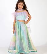 Elaisha sleeveless ruffle details & gradient printed top with skirt & dupatta set - light blue & mauve