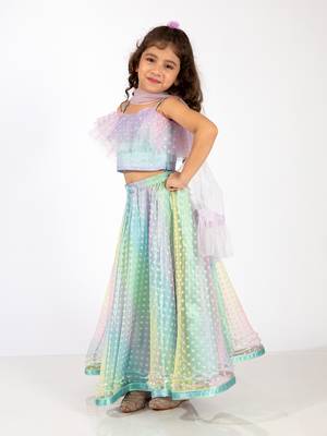 Elaisha sleeveless ruffle details & gradient printed top with skirt & dupatta set - light blue & mauve 2
