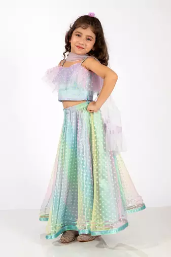 Elaisha sleeveless ruffle details & gradient printed top with skirt & dupatta set - light blue & mauve