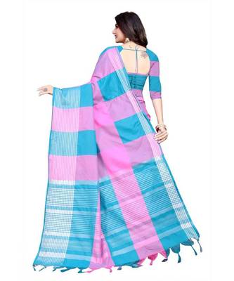 Pink and sky blue cotton saree with blouse piece 3