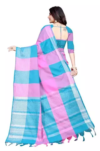 Pink and sky blue cotton saree with blouse piece