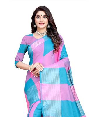 Pink and sky blue cotton saree with blouse piece 4