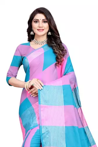 Pink and sky blue cotton saree with blouse piece