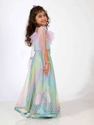 Elaisha sleeveless ruffle details & gradient printed top with skirt & dupatta set - light blue & mauve 3