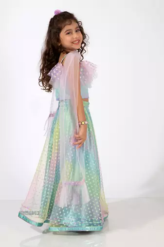 Elaisha sleeveless ruffle details & gradient printed top with skirt & dupatta set - light blue & mauve
