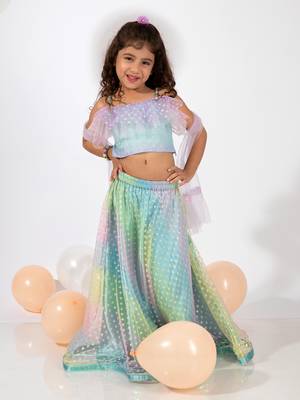 Elaisha sleeveless ruffle details & gradient printed top with skirt & dupatta set - light blue & mauve 4