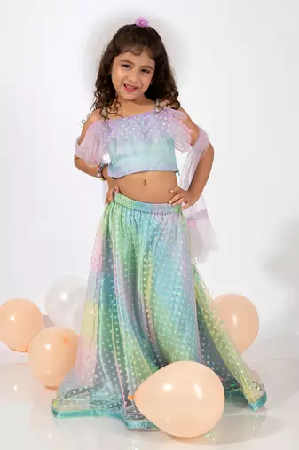 Elaisha sleeveless ruffle details & gradient printed top with skirt & dupatta set - light blue & mauve