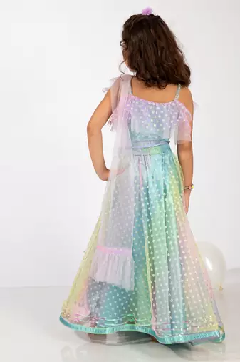Elaisha sleeveless ruffle details & gradient printed top with skirt & dupatta set - light blue & mauve