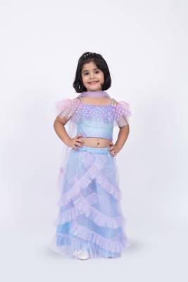 Elaisha sleeveless ruffled detailed top with skirt & dupatta set - mauve & light blue 1