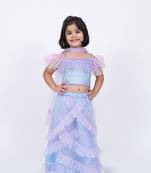 Elaisha sleeveless ruffled detailed top with skirt & dupatta set - mauve & light blue