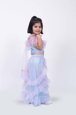 Elaisha sleeveless ruffled detailed top with skirt & dupatta set - mauve & light blue 2