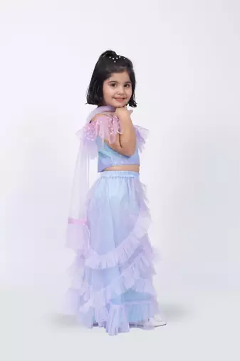 Elaisha sleeveless ruffled detailed top with skirt & dupatta set - mauve & light blue
