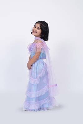 Elaisha sleeveless ruffled detailed top with skirt & dupatta set - mauve & light blue 3