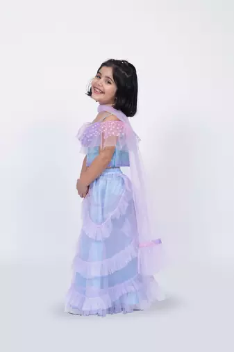 Elaisha sleeveless ruffled detailed top with skirt & dupatta set - mauve & light blue
