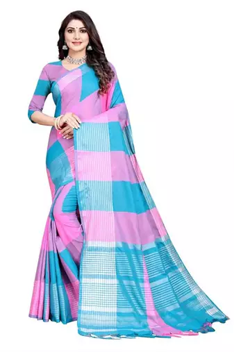 Pink and sky blue cotton saree with blouse piece