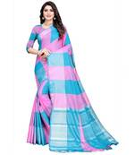 Pink and sky blue cotton saree with blouse piece