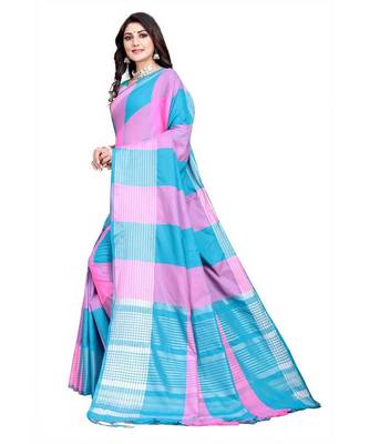 Pink and sky blue cotton saree with blouse piece 5