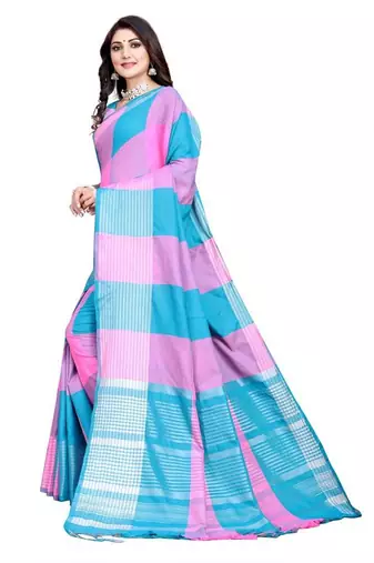 Pink and sky blue cotton saree with blouse piece