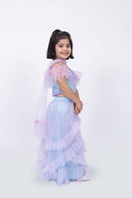 Elaisha sleeveless ruffled detailed top with skirt & dupatta set - mauve & light blue 4