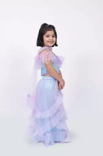 Elaisha sleeveless ruffled detailed top with skirt & dupatta set - mauve & light blue